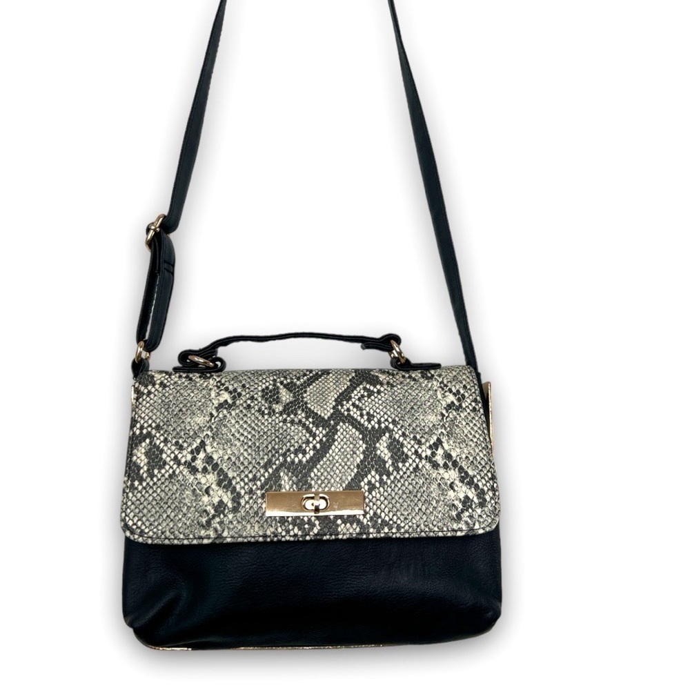 Atmosphere Black Python Vegan Leather Purse With Gold Rim Accent Crossbody